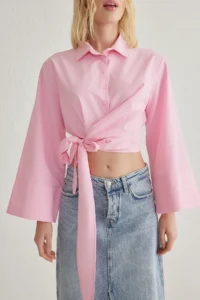 TRENDYOLMİLLA Pink Binding Detailed Regular Normal Pattern Weaving Shirt - Image 3