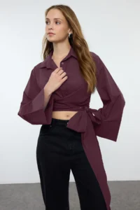 TRENDYOLMİLLA Plum Binding Detailed Regular Normal Pattern Weaving Shirt