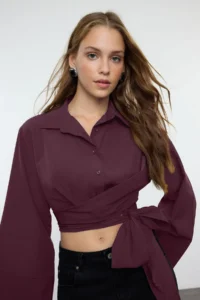 TRENDYOLMİLLA Plum Binding Detailed Regular Normal Pattern Weaving Shirt - Image 2