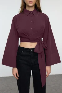 TRENDYOLMİLLA Plum Binding Detailed Regular Normal Pattern Weaving Shirt - Image 4