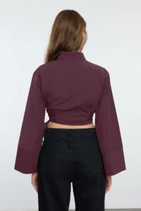 TRENDYOLMİLLA Plum Binding Detailed Regular Normal Pattern Weaving Shirt - Image 5