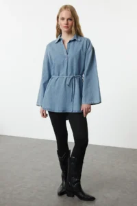 TRENDYOLMİLLA Mavi Oversized tied up denim Shirt - Image 2