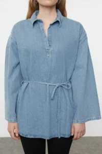 TRENDYOLMİLLA Mavi Oversized tied up denim Shirt - Image 4