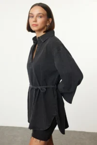 TRENDYOLMİLLA Anthracite Oversized tied up denim Shirt