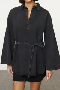 TRENDYOLMİLLA Anthracite Oversized tied up denim Shirt - Image 2
