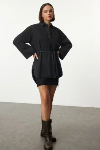 TRENDYOLMİLLA Anthracite Oversized tied up denim Shirt - Image 3