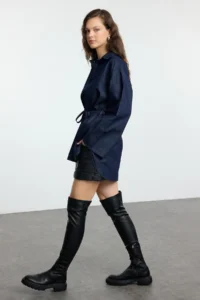 TRENDYOLMİLLA Dark Blue Oversized tied up denim Shirt - Image 2