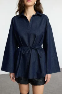 TRENDYOLMİLLA Dark Blue Oversized tied up denim Shirt - Image 3