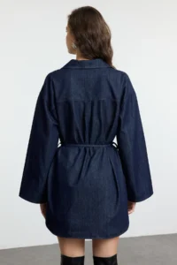 TRENDYOLMİLLA Dark Blue Oversized tied up denim Shirt - Image 5