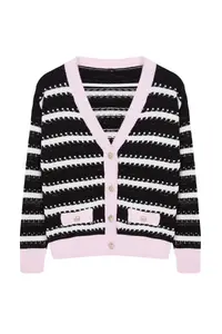 TRENDYOLMİLLA Pink Simli Color Bloklu Striped Knitwear Cardigan - Image 6
