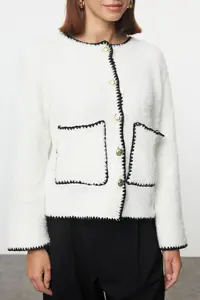 TRENDYOLMİLLA Ecru Hairy Soft textured Jacket Look Knitwear Cardigan - Image 3