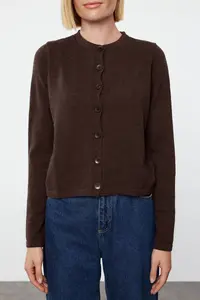 TRENDYOLMİLLA Brown Woolly Jacket Look Knitwear Cardigan - Image 3