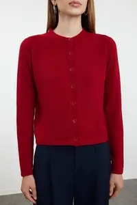 TRENDYOLMİLLA Burgundy Woolly Jacket Look Knitwear Cardigan - Image 4
