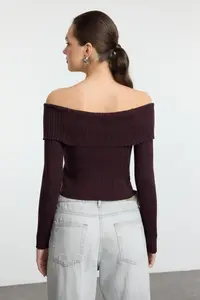 TRENDYOLMİLLA Dark Brown Crop Premium Yarn/Special Yarn Fitted/Bodysuit hugging Knitwear Cardigan - Image 5