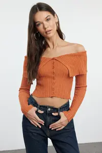 TRENDYOLMİLLA Orange Crop Premium Yarn/Special Yarn Fitted/Bodysuit hugging Knitwear Cardigan - Image 2