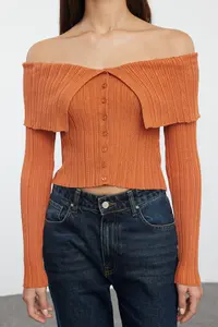 TRENDYOLMİLLA Orange Crop Premium Yarn/Special Yarn Fitted/Bodysuit hugging Knitwear Cardigan - Image 3