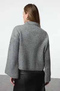 TRENDYOLMİLLA Gray Soft textured Coat Look Knitwear Cardigan - Image 5