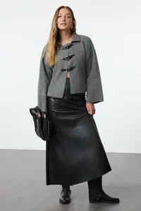 TRENDYOLMİLLA Gray Soft textured Coat Look Knitwear Cardigan - Image 6