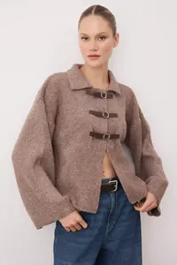 TRENDYOLMİLLA Mink Soft Textured Coat Look Knitwear Cardigan