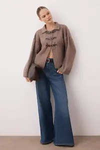 TRENDYOLMİLLA Mink Soft Textured Coat Look Knitwear Cardigan - Image 2