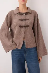 TRENDYOLMİLLA Mink Soft Textured Coat Look Knitwear Cardigan - Image 3