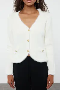 TRENDYOLMİLLA Ecru Button Detailed Hairy Soft textured Knitwear Cardigan - Image 3