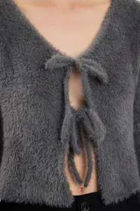 TRENDYOLMİLLA Anthracite Crop Feather Binding Detailed Knitwear Cardigan - Image 4