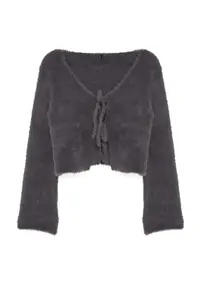 TRENDYOLMİLLA Anthracite Crop Feather Binding Detailed Knitwear Cardigan - Image 6