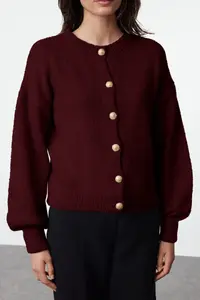 TRENDYOLMİLLA Burgundy Button Detailed Soft textured Knitwear Cardigan - Image 2