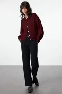 TRENDYOLMİLLA Burgundy Button Detailed Soft textured Knitwear Cardigan - Image 3