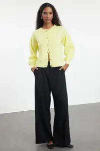 TRENDYOLMİLLA Yellow Button Detailed Balloon Sleeve Soft Textured Jacket Look Knitwear Cardigan - Image 2