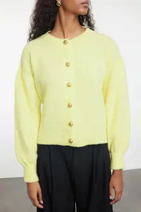 TRENDYOLMİLLA Yellow Button Detailed Balloon Sleeve Soft Textured Jacket Look Knitwear Cardigan - Image 3