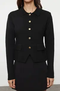 TRENDYOLMİLLA Black Button Detailed Premium/Special Thread Fitted/Bodysuit hugging Knitwear Cardigan - Image 3