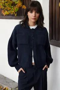 TRENDYOLMİLLA Navy Blue Soft textured Coat Look Knitwear Cardigan - Image 2