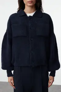 TRENDYOLMİLLA Navy Blue Soft textured Coat Look Knitwear Cardigan - Image 5