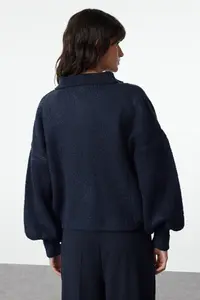 TRENDYOLMİLLA Navy Blue Soft textured Coat Look Knitwear Cardigan - Image 6