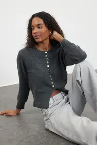 TRENDYOLMİLLA Dark Gray Basic buttoned Jacket Look Soft textured Knitwear Cardigan