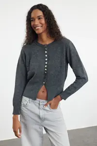 TRENDYOLMİLLA Dark Gray Basic buttoned Jacket Look Soft textured Knitwear Cardigan - Image 2