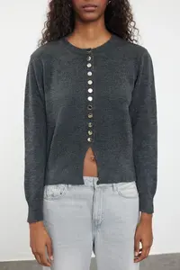 TRENDYOLMİLLA Dark Gray Basic buttoned Jacket Look Soft textured Knitwear Cardigan - Image 3