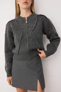 TRENDYOLMİLLA Anthracite Soft textured Zippered Stone Embroidered Coat Look Knitwear Cardigan - Image 3