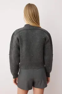 TRENDYOLMİLLA Anthracite Soft textured Zippered Stone Embroidered Coat Look Knitwear Cardigan - Image 4