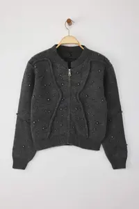 TRENDYOLMİLLA Anthracite Soft textured Zippered Stone Embroidered Coat Look Knitwear Cardigan - Image 5