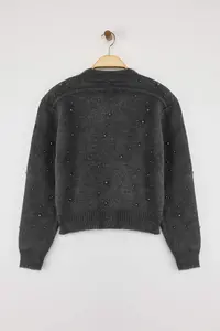 TRENDYOLMİLLA Anthracite Soft textured Zippered Stone Embroidered Coat Look Knitwear Cardigan - Image 6