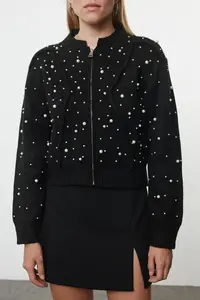 TRENDYOLMİLLA Black Soft textured Zippered Stone Embroidered Jacket Look Knitwear Cardigan - Image 3