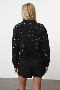 TRENDYOLMİLLA Black Soft textured Zippered Stone Embroidered Jacket Look Knitwear Cardigan - Image 5