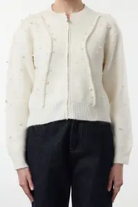TRENDYOLMİLLA Ecru Soft textured Zippered Stone Embroidered Coat Look Knitwear Cardigan - Image 3