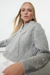 TRENDYOLMİLLA Gray Soft textured Zippered Stone Embroidered Jacket Look Knitwear Cardigan - Image 2