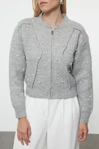 TRENDYOLMİLLA Gray Soft textured Zippered Stone Embroidered Jacket Look Knitwear Cardigan - Image 3