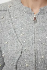 TRENDYOLMİLLA Gray Soft textured Zippered Stone Embroidered Jacket Look Knitwear Cardigan - Image 4