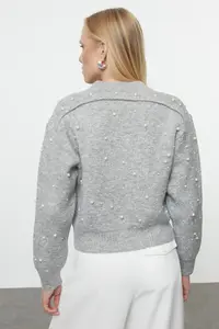 TRENDYOLMİLLA Gray Soft textured Zippered Stone Embroidered Jacket Look Knitwear Cardigan - Image 5